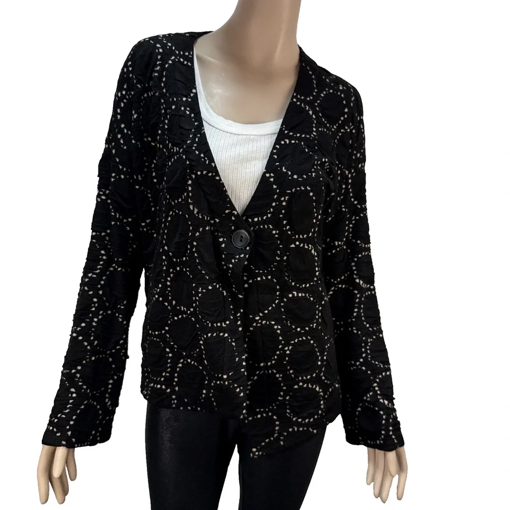 Lisa Bayne Knit Jacket Size L One Button Asymmetric‎ Black Circle Print Pockets